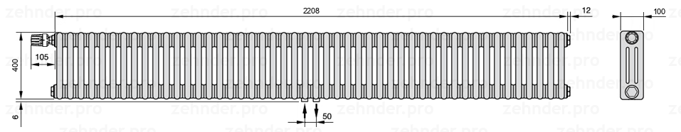 Схема (чертеж) Радиатор Zehnder Charleston 3040/48 №V007 Белый глянцевый RAL 9016